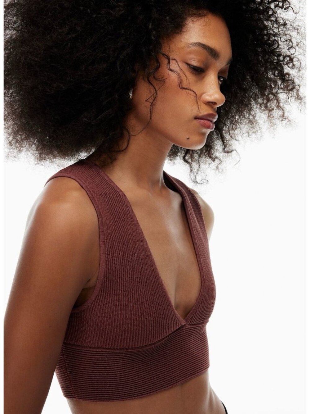 Aritzia Babaton Brown Sculpt Knit Deep V-Neck Stretch Crop Top Size 2XS
